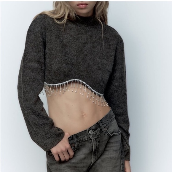 Zara Dark Gray Jewel Crystal Fringe sweater - Picture 3 of 14